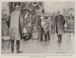 Die Enthüllung eines Porträts von Lord Colville of Culross durch die Prinzessin von Wales im Hauptquartier der Honourable Artillery Company, Finsbury, Lord Colville dankt